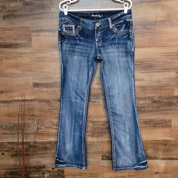 Amethyst Jeans Size 11 Zoey Flare Low Rise Thick Stitch Dark Wash Stretch - Picture 1 of 11
